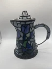 Vintage Tiffany Style Stained Glass Teapot Lamp - Blue Tulip Mosaic Accent Light