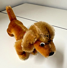 Vintage STEIFF Mohair Dachshund Dog with Red Collar  Ear Button