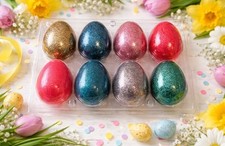 8 Glitter Easter Eggs In Plastic Case, New