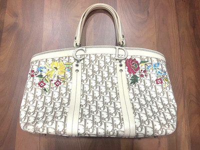 Christian Dior Flower Embroidered Trotter Canvas Tote Bag Beige Leather Italy