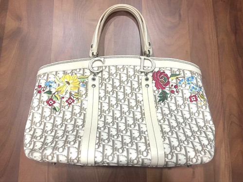 Christian Dior Flower Embroidered Trotter Canvas Tote Bag Beige Leather Italy