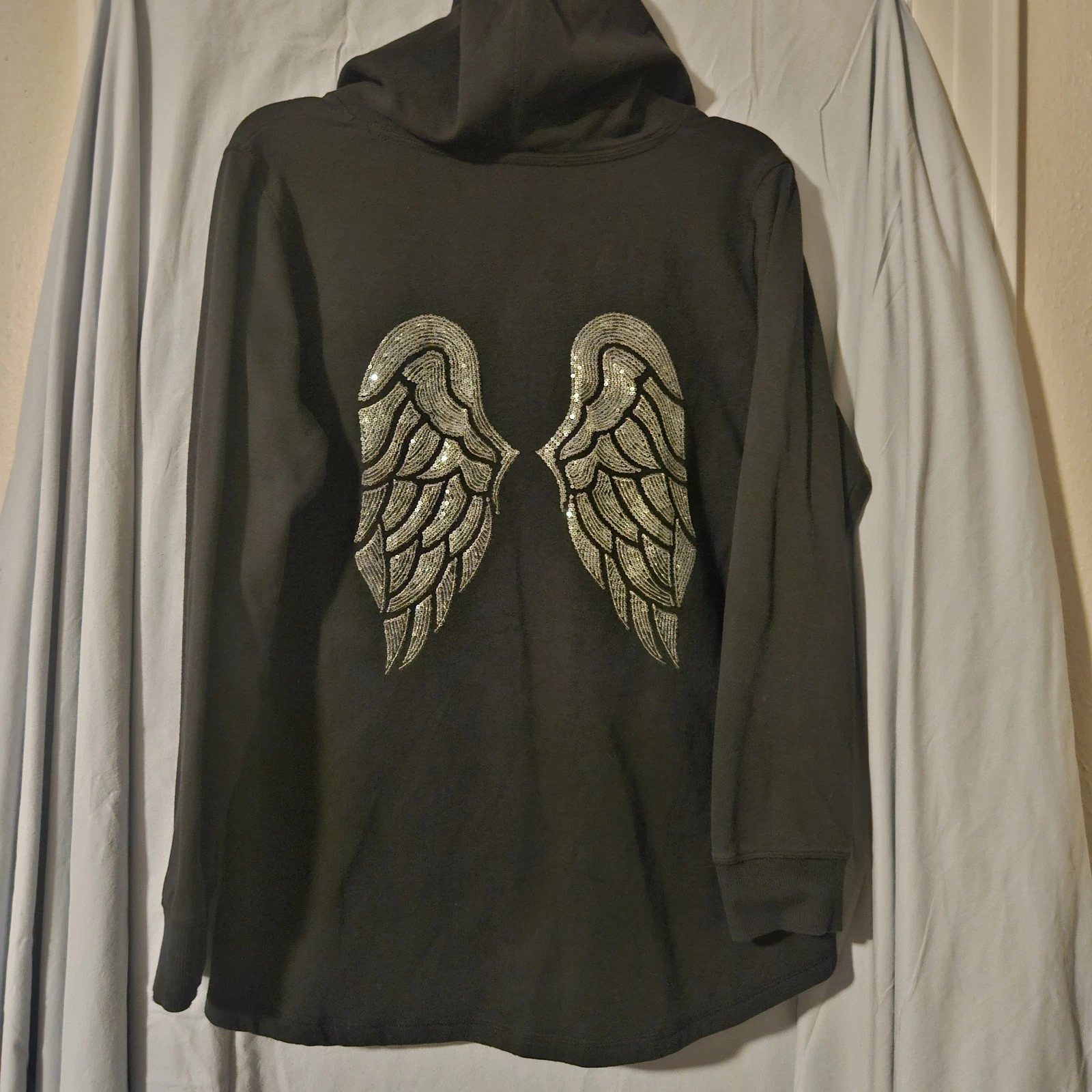 UNDERCOVER Victoria’s Secret Y2K MAGLIONE Paillettes Angel Wing Nero Bling Felpa con Cappuccio Taglia XL