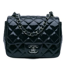 Authenticated Chanel Mini Square Classic Patent Single Flap Navy Leather