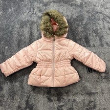 R1881 Rothschild Girl Sz 2T Unicorn Foil Print Puffer Jacket Faux Fur Hood Pink