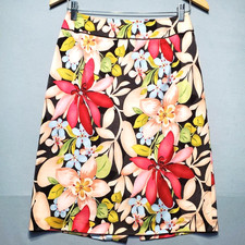 Talbots Silk Cotton Tropical Floral Skirt Womens 4 Red Pink Hibiscus Stretch