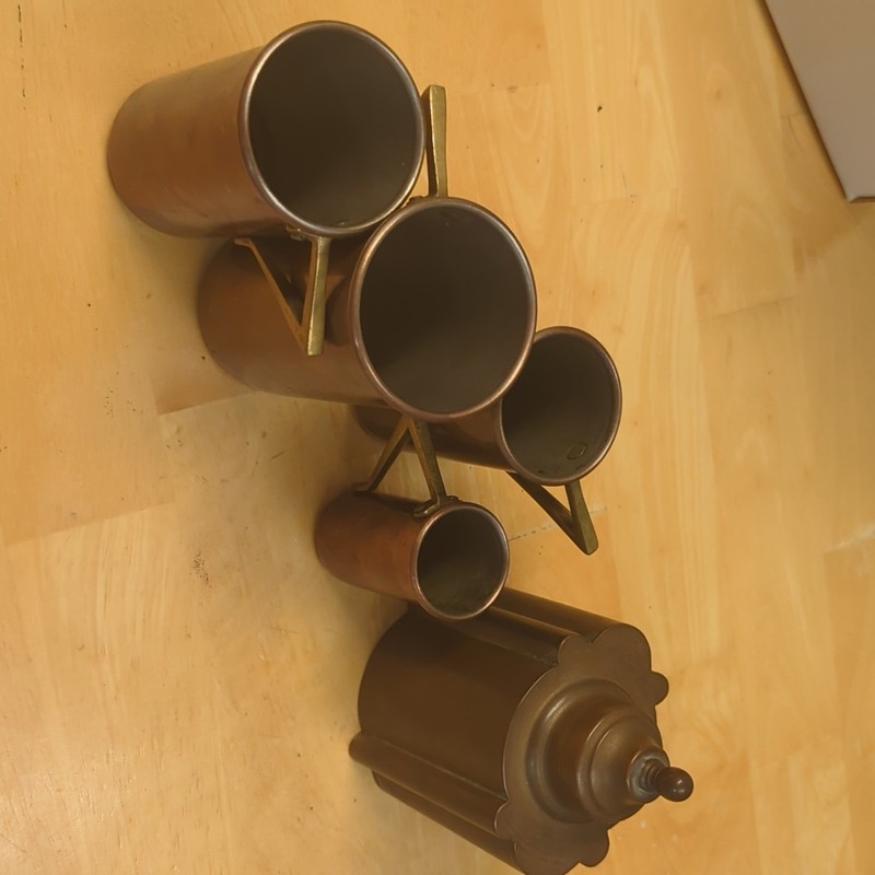 Vintage Copper & Brass Measuring Cup Set w/ Handles & Holder, 5-Piece