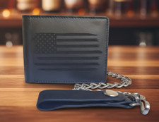 Genuine Soft Leather Biker Bi-Fold Black Wallet with 12" Chain US Flag