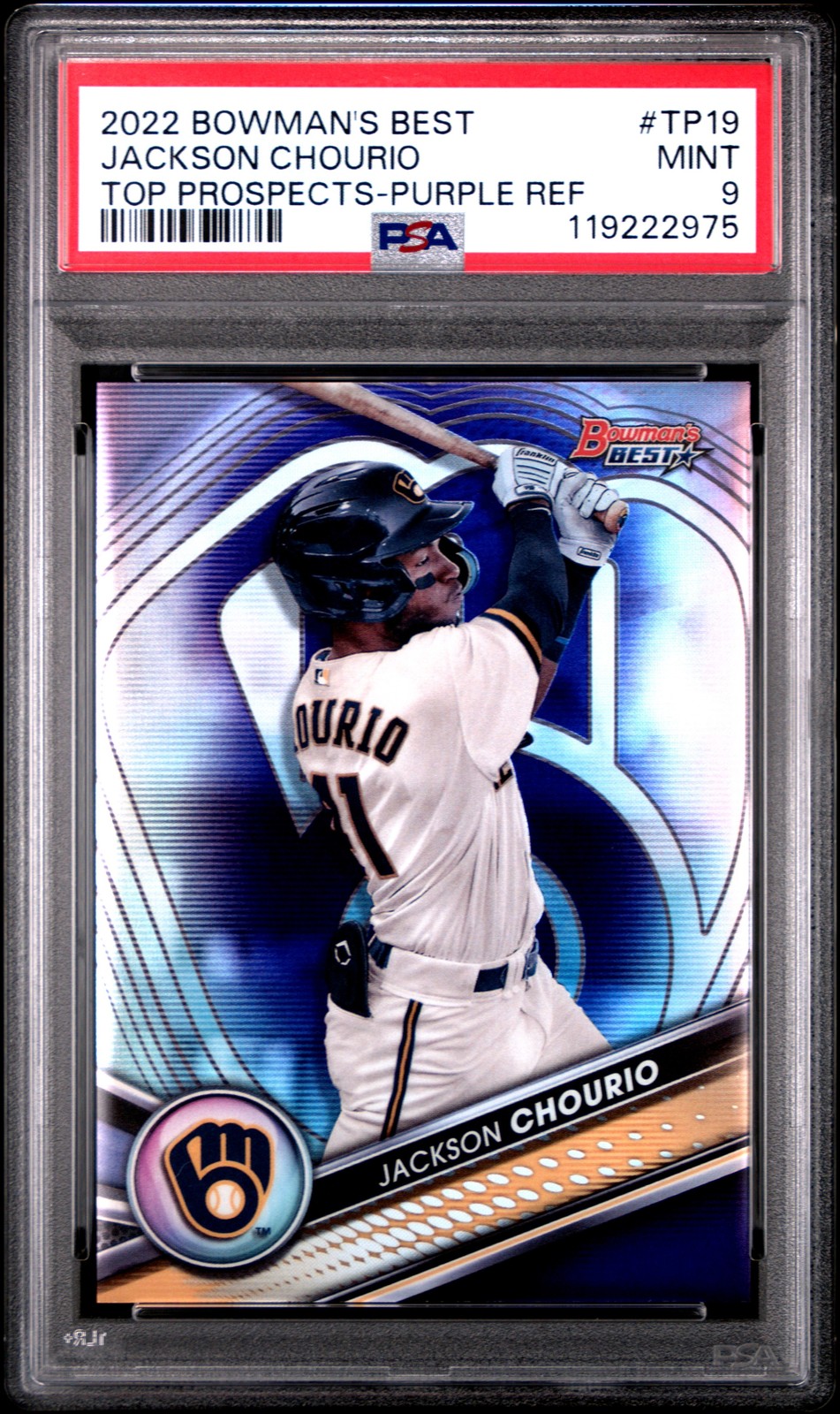 2022 BOWMAN'S BEST TOP PROSPECTS PURPLE REFRACTOR JACKSON CHOURIO 197/250 PSA 9