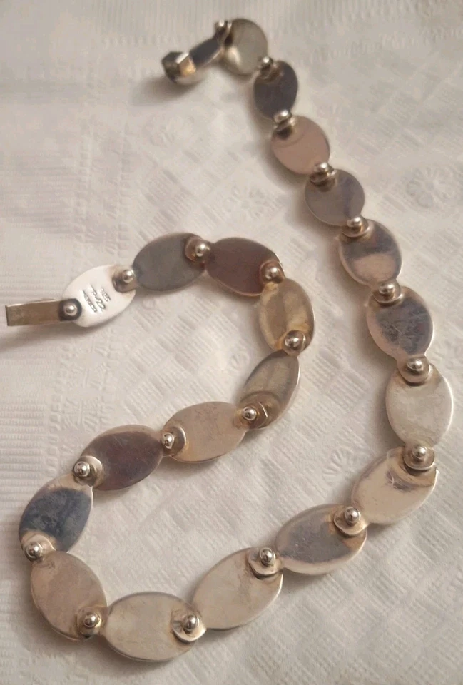 Collar Taxco grande vintage de plata esterlina con cuello de frijol macizo firmado 17" Foto 3 de 4
