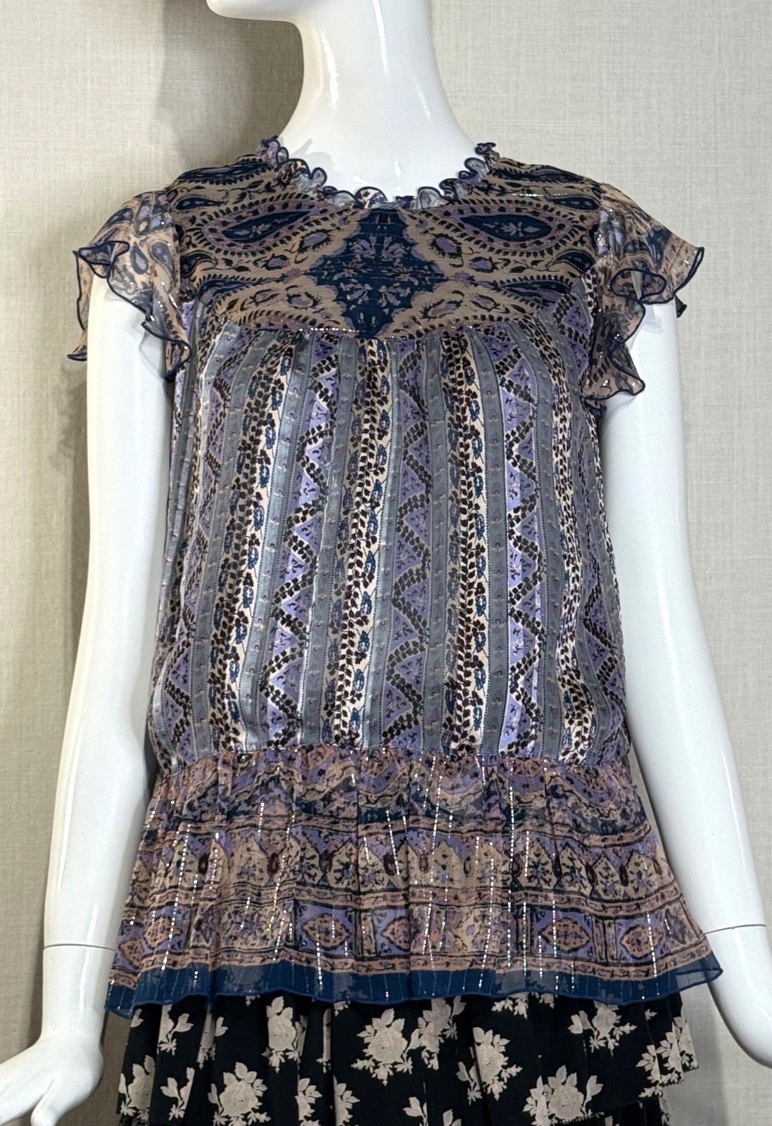 Spring 2011 Anna Sui Sheer SILK Cap Sleeve Blouse Size 8, Metallic Paisley NWT