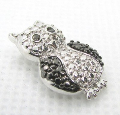 925 STERLINGSILBER SCHWARZ & WEISS DIAMANT EULE SCHIEBER ANHÄNGER 18x11,5 mm ~ 1,8 g