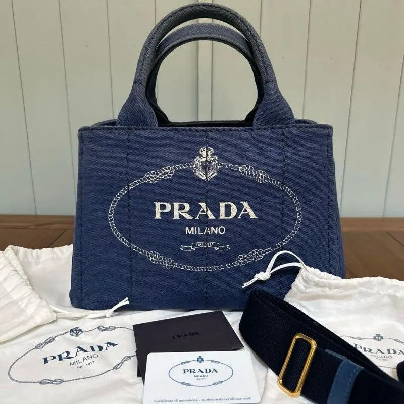 PRADA Canapa Tote Bag Navy Canvas Handbag Shoulder Strap Included Triangle Logo