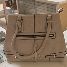 Beige Women's Tote Bag Double Handles, Zip Closure, Outer Pockets, Gold
