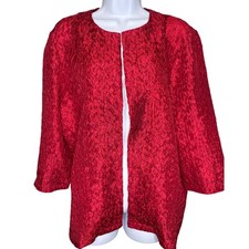 Chico's Easywear Women Red Crinkled Textured Open Front Jacket Sz 2/L Shimmer