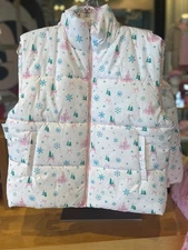 2025 Disney Parks Christmas Holiday Castle Ribbon Bow Pink Adult Puffer Vest M
