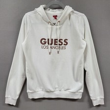 Guess Pullover Hoodie Womens Medium White Spellout Glittered Rose Gold Logo