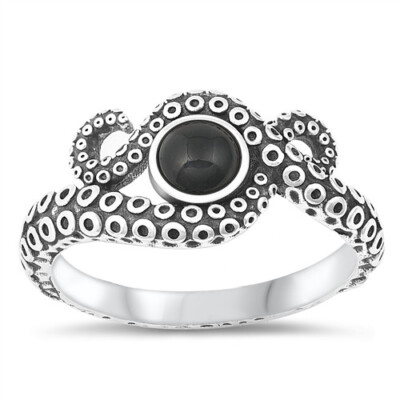 Octopus tentacle onyx sterling silver ring