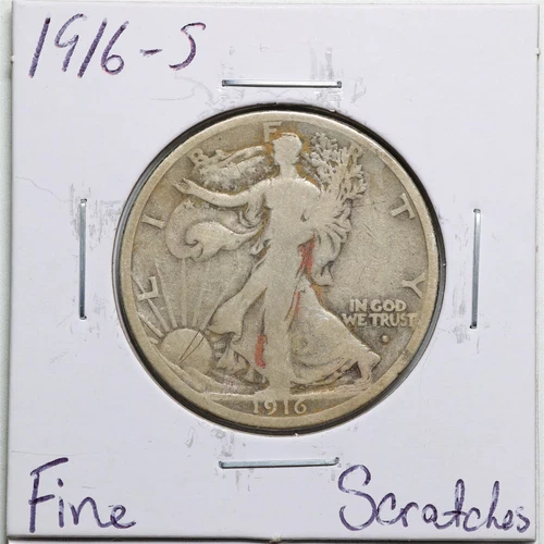 1916-S 50C Walking Liberty Half Dollar with Fine Detail Scratches #4314