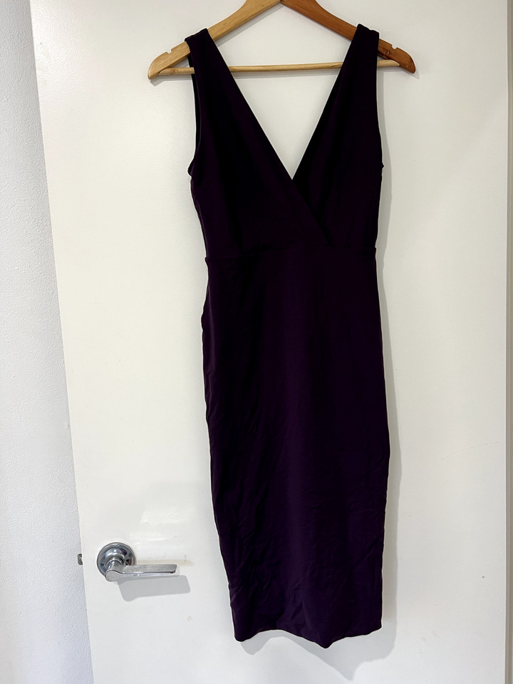 Kookai V-Neck Sleeveless Faux Wrap Midi Bodycon Dress Purple/Burgundy Size 1