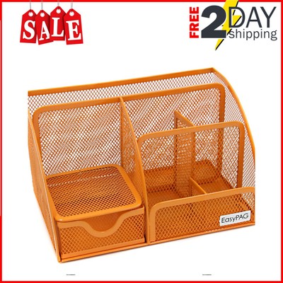 Orange Desk Organizer Mesh Metal Desktop Office Pen Pencil Holder