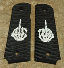 1911 Grips - SKELETON MIDDLE FINGER - BLACK/WHITE -.45, AMBI, FULL SIZE, CUSTOM