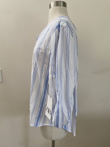 NEW ZARA WOMENS BLUE WHITE STRIPE PUFF SLEEVE BLOUSE MEDIUM - Bild 3 von 7