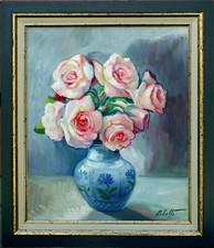 Huile sur toile bouquet de roses Pedro Oliver Ribalta (1923-2016),Espagne