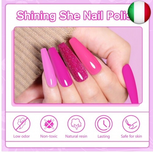 Shining She Smalto Semipermanente,10 Colori Fucsia Rosa Glitter Smalto - Foto 4 di 6