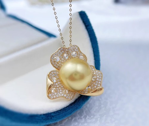 Designer HUGE AAAA 11-12mm South Sea Golden pearl Pendant Necklace 18"925S - Picture 2 of 4