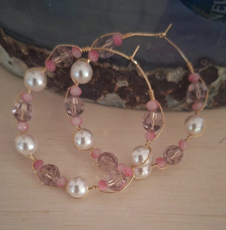 Pendientes llenos de oro hechos a mano con cristal de perlas, ¡cristales! Foto 4 de 4