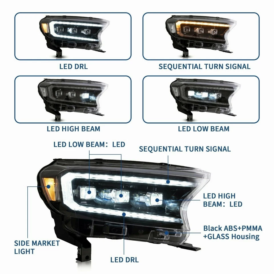 Matrix LED DRL Projector Headlights For 2016-2021 Ford Ranger PX2 PX3 Everest - Image 4 of 4
