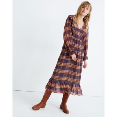 Madewell Sheer Plaid Full-Sleeve Ruffle Dress Plaid Dark Baltic 0