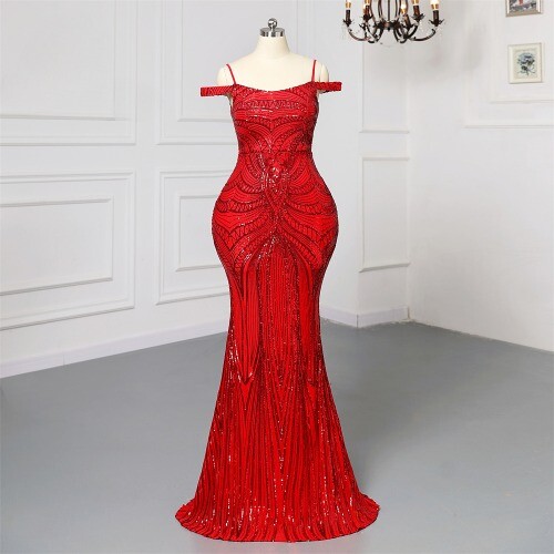New Plus Size Sexy Boat Neck Red Sequins Evening Dress Evening Gowns Robe  Dress