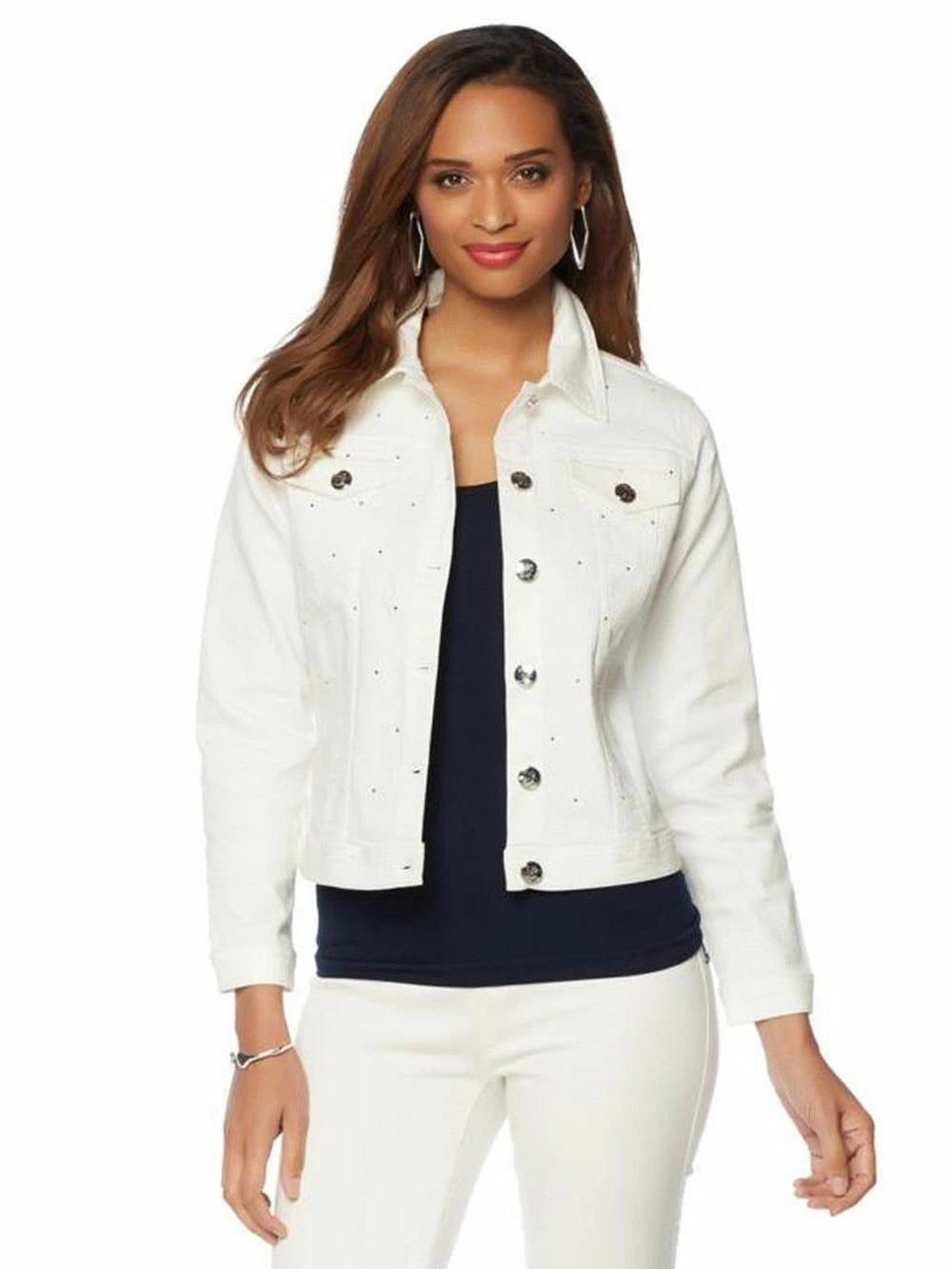 DG2 BY DIANE GILMAN Size XS Jeweled Denim Jacket Button Long Sleeves WHITE