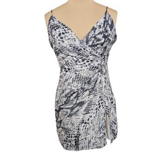 New Tobi Snakeskin Print Mini Dress Grey White Wrap Ruched Tie Back Crisscross