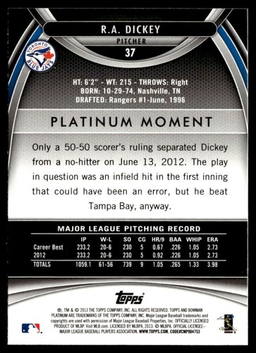 2013 Bowman Platinum Emerald R.A. Dickey Toronto Blue Jays #37 - Picture 2 of 2