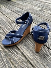 TOMS Heels Womens 8W Woven Wedge Strappy Ankle Strap Blue Open Toe 4”