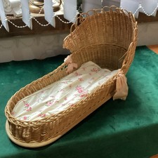 Vintage Wicker Dolls Crib Cot Used Play Worn With Mattress 37 X13 Cm Inner
