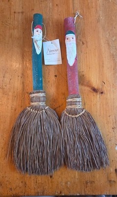Vintage Nantucket Christmas Santa Face Hand Carved Painted Wood Hearth Broom Set