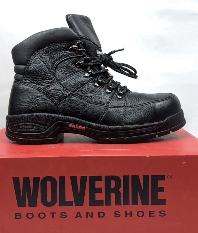 Size 7W Wolverine Black Leather Lace-Up Work Boots - Black Leather Lace Up Boots
