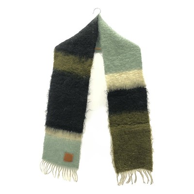 LOEWE Wool Mohair Anagram Leather Patch Fringe Stripe Scarf | Multi colored