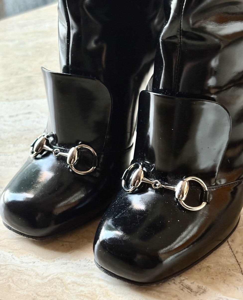 $1100 GUCCI Lillian Black Patent Leather Silver Horsebit Boots 37