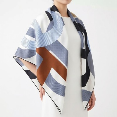 Sallys Pure Twill Silk Scarf Geometric Print 2 Face Triangle Shawl 160*105cm