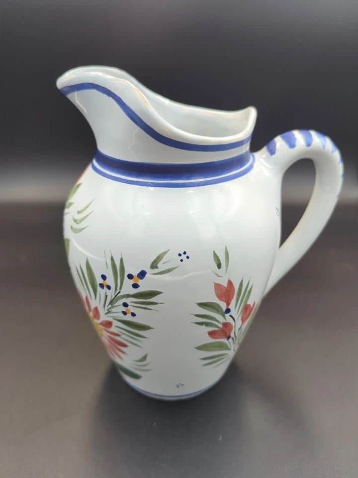 Quimper 8.5" Pitcher Hand Painted And Signed Blue White Red Green Floral Decor - Image 2 of 4