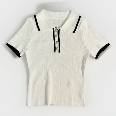 Women s Small White Ribbed Knit Polo Top Black Trim Gold Button Short Sleeve