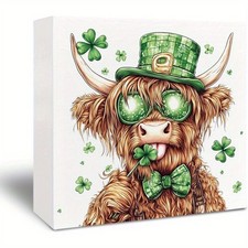 Lucky Irish Decor Wooden Box Sign Highland Cow Clover Art For St Patricks Day