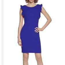 Calvin Klein Blue Ruffle Sleeve Stretch Crepe Sleeveless Sheath Dress Size 12