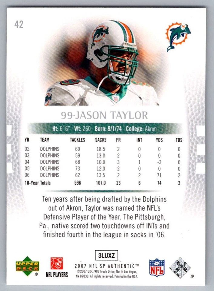 2007 SP Authentic Jason Taylor Miami Dolphins #42 - Image 2 of 2