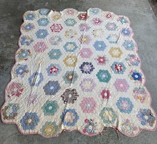 Vintage Antique Grandmother's Flower Garden Quilt Hand Stitched 1930s Depression