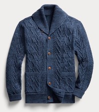 Polo Ralph Lauren HEATHER NAVY Cotton ARAN Knit Shawl Collar Cardigan Sweater